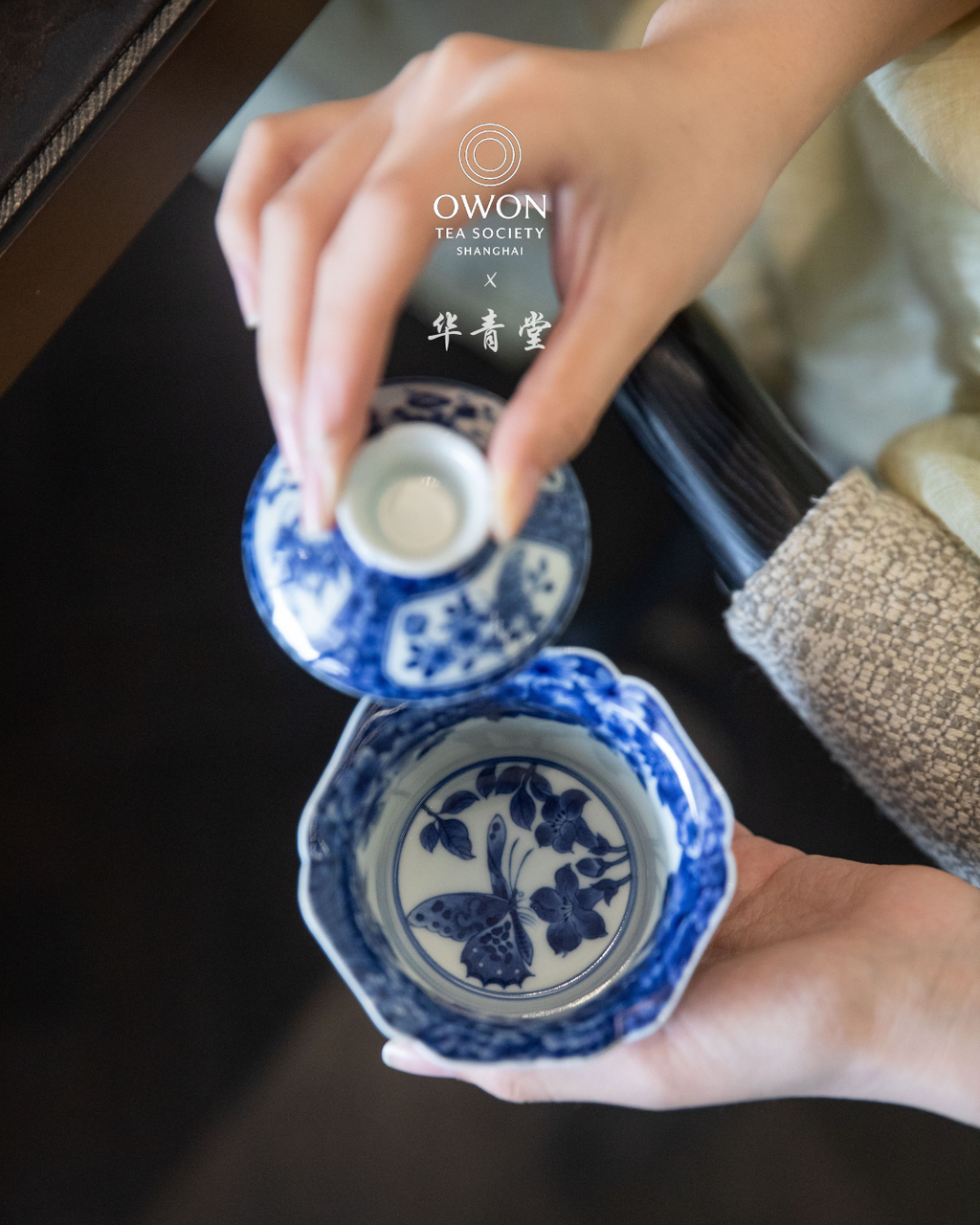 경덕진 청화 명요_화청당 청화(青花) 호접지몽 육각 개완 찻잔 세트_华青堂_Gaiwan tea set from Jingdezhen Kiln HUA QING TANG